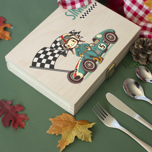 Cutlery in printed wooden box Formula 1 Driver Cutlery in printed wooden box Formula 1 Driver