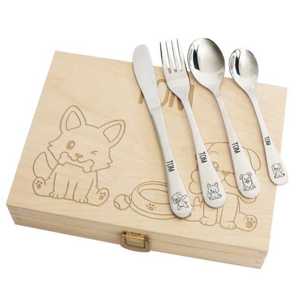 Children's cutlery in an engraved wooden box dogs Children's cutlery in an engraved wooden box dogs