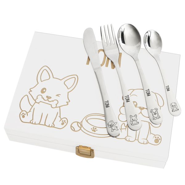 Children's cutlery in an engraved wooden box dogs Children's cutlery in an engraved wooden box dogs