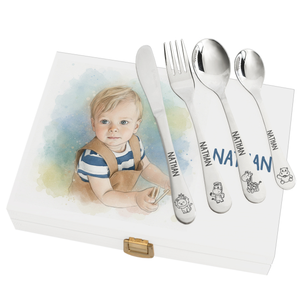 Children’s cutlery set with photo transformed into watercolour Children’s cutlery set with photo transformed into watercolour