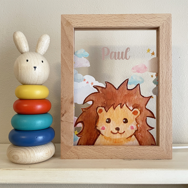Personalised LED frame with clouds and animals - example Personalised LED frame with clouds and animals - example