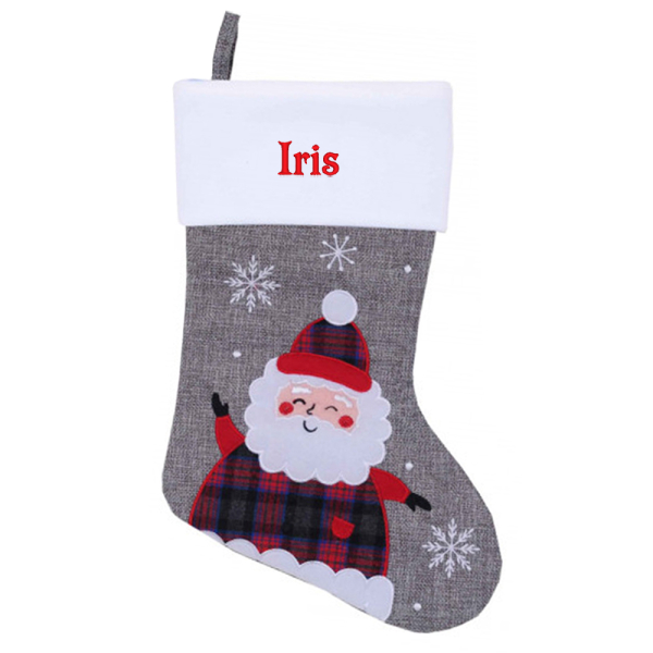 Embroidered grey Christmas stocking with linen effect Embroidered grey Christmas stocking with linen effect