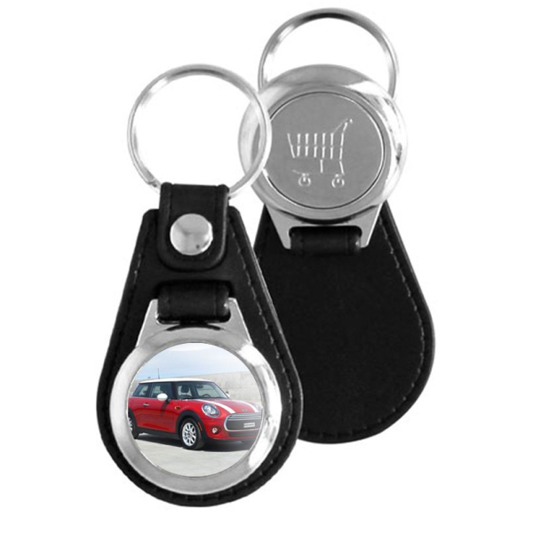 Leather photo keyring with shopping trolley token Leather photo keyring with shopping trolley token