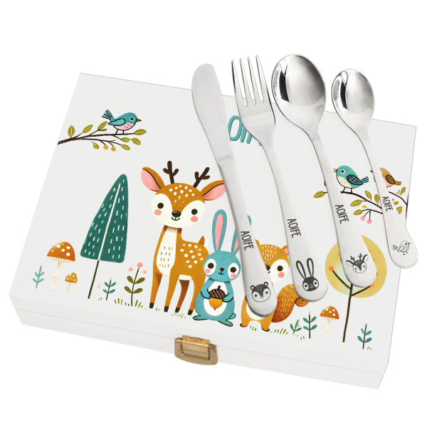 Children's cutlery set with printed wooden box enchanted forest Children's cutlery set with printed wooden box enchanted forest