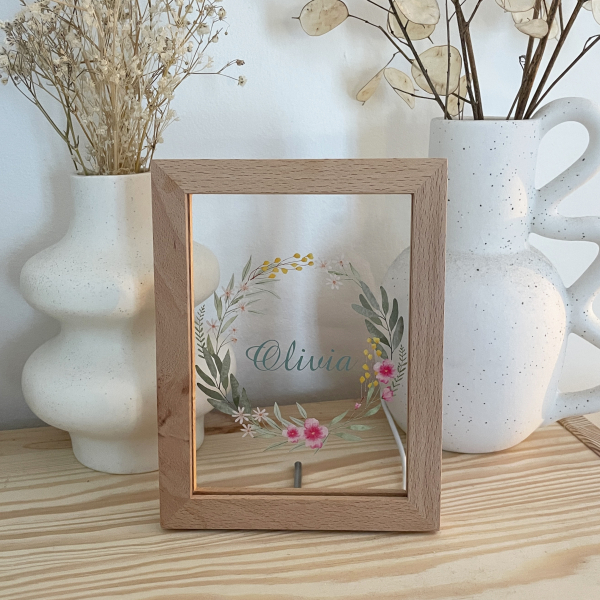 Personalised LED frame with flower wreath Personalised LED frame with flower wreath