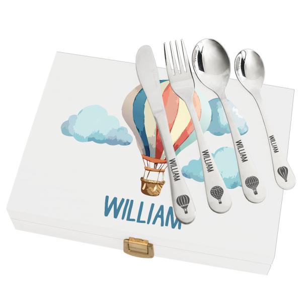 Engraved children's cutlery and balloon box Engraved children's cutlery and balloon box