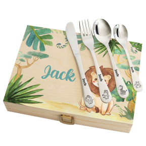Children's silverware with printed wooden case savanna Children's silverware with printed wooden case savanna