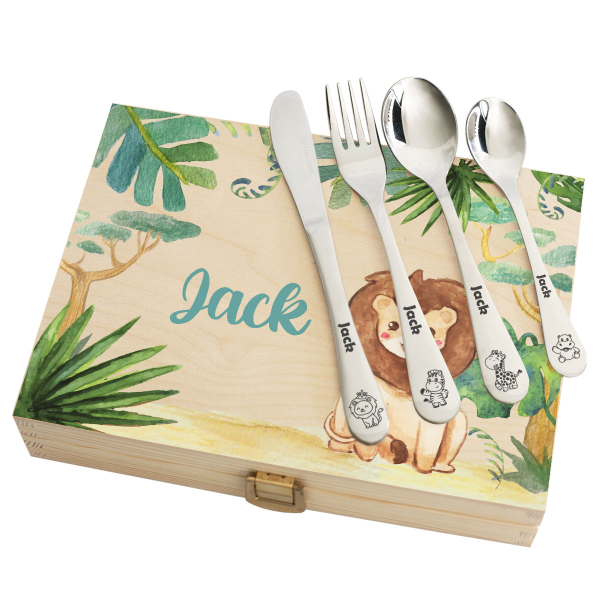 Children's silverware with printed wooden case savanna Children's silverware with printed wooden case savanna