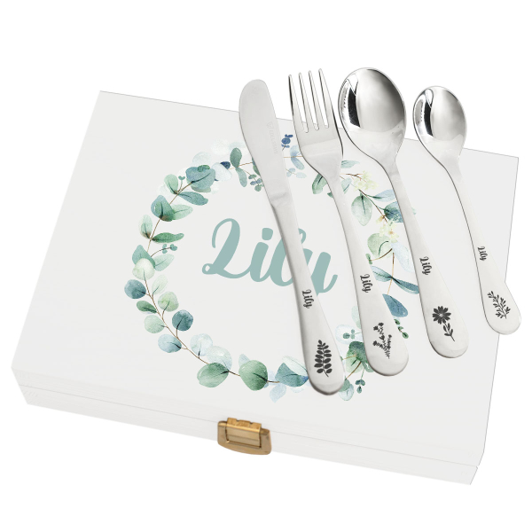 Box with a vegetal pattern and its personalised cutlery Box with a vegetal pattern and its personalised cutlery