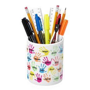 Children's hands pencil pot personalised with their names Children's hands pencil pot personalised with their names