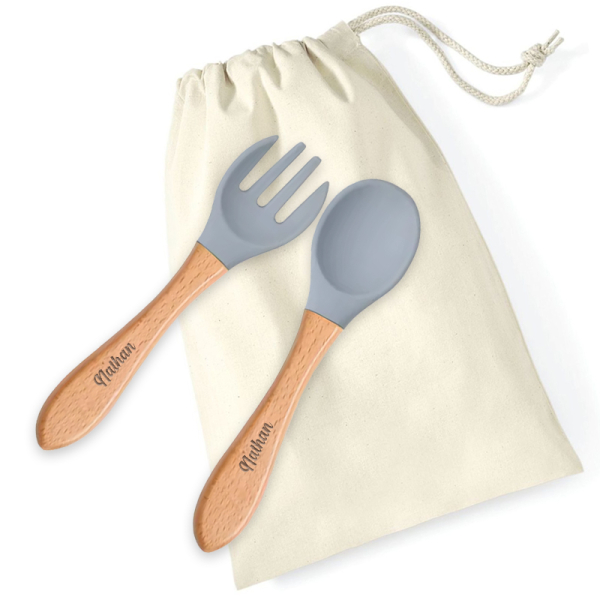 Wooden and silicone baby cutlery with name Wooden and silicone baby cutlery with name