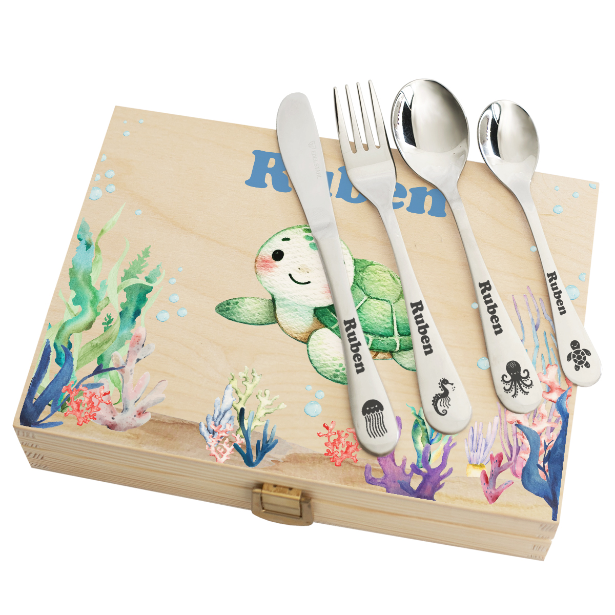 Engraved cutlery and printed boxe
