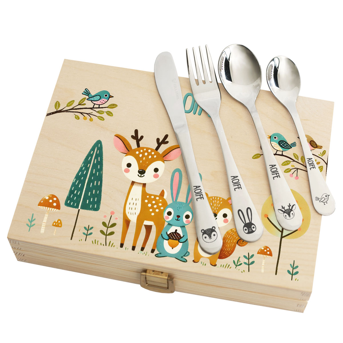 Engraved cutlery and printed boxe
