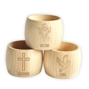 Baptism napkin ring, engraved wood