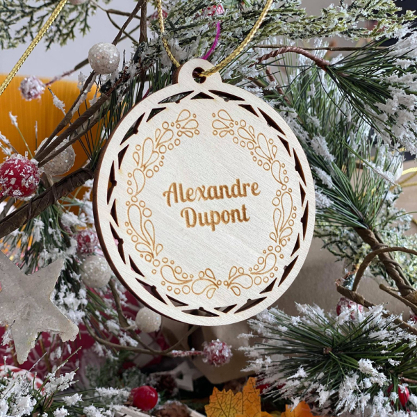 Wooden Christmas Bauble personalised with wreath