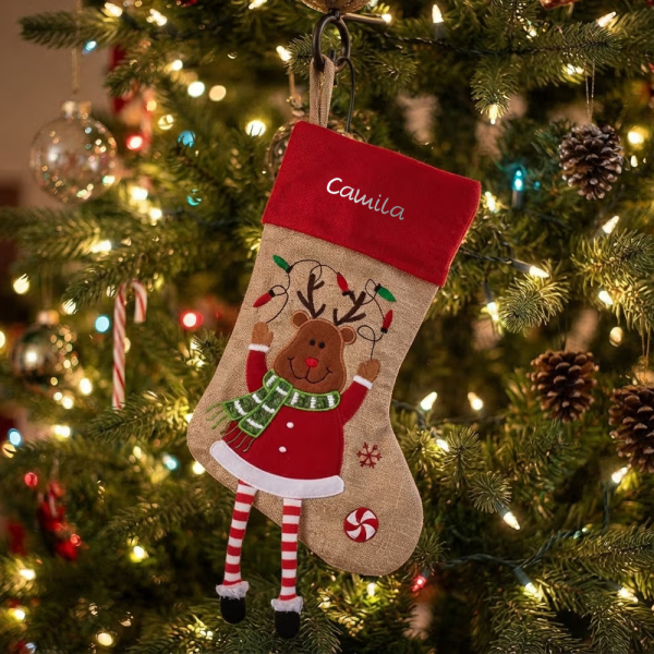 Christmas stocking with embroidered name and Christmas figurines
