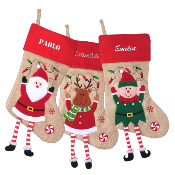 Christmas stocking with embroidered name and Christmas figurines