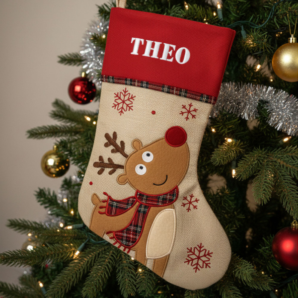 Christmas stocking with linen effect and tartan trim