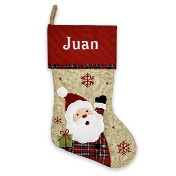 Christmas stocking with linen effect and tartan trim