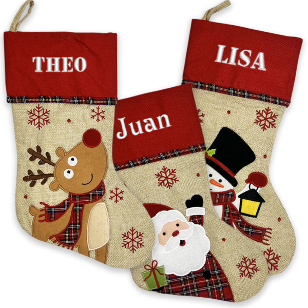 Christmas stocking with linen effect and tartan trim