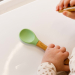 Silicone and wood baby cutlery engraved with a design