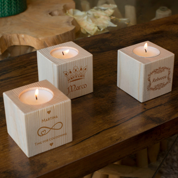 Engraved wood cube candle holder dove baptism