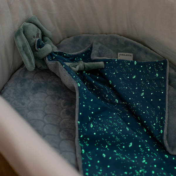 Cute bunny comforter with embroidered glow-in-the-dark blanket