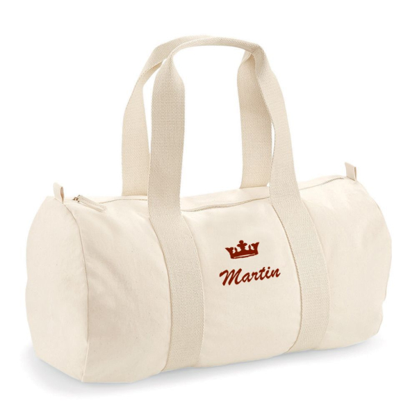 Organic cotton duffel bag with embroidered motif and name