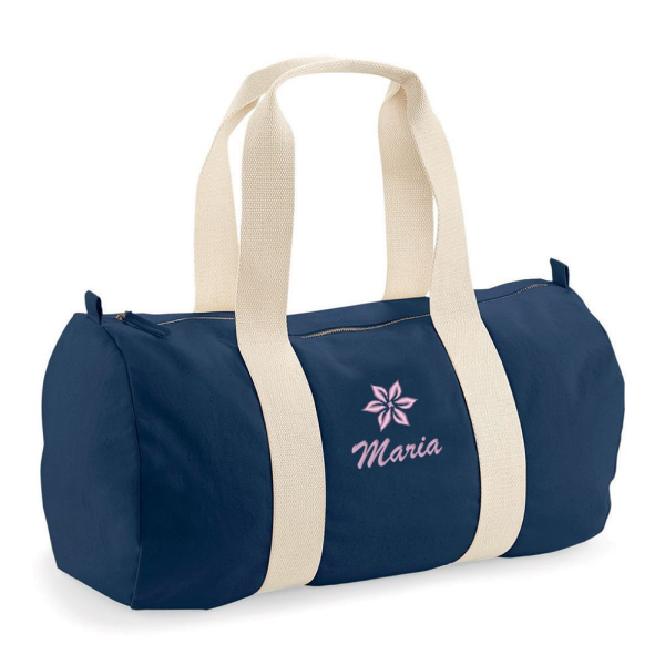 Organic cotton duffel bag with embroidered motif and name