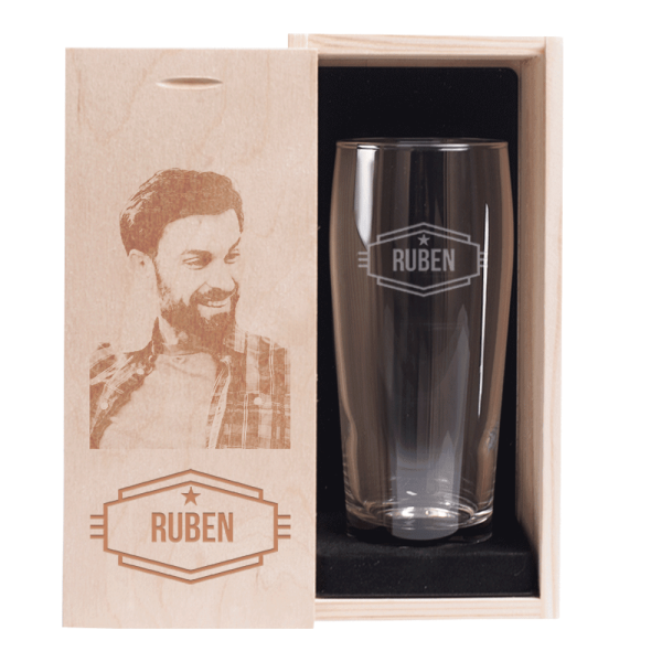 Personalised beer glass with name and photo box