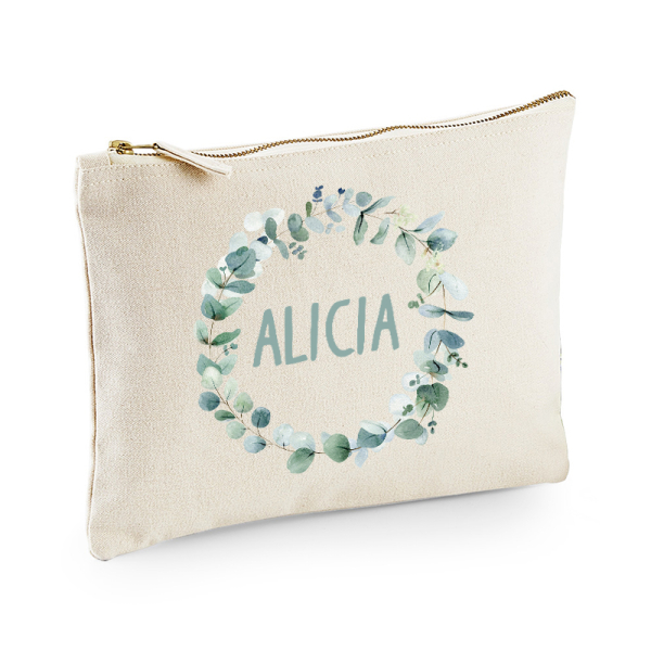 Personalised pouch with botanical wreath