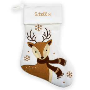 Personalised white Christmas stocking with reindeer design