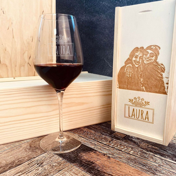 Personalised wine glass with name and photo box