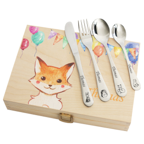 Personalised cutlery set with balloons and animals