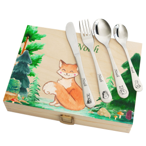 Personalised cutlery set with printed wooden box forest