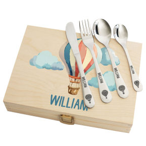 Engraved children's cutlery and balloon box