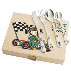 Cutlery in printed wooden box Formula 1 Driver