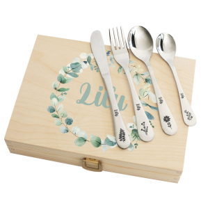 Box with a vegetal pattern and its personalised cutlery