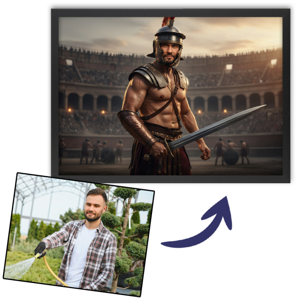 Portrait of a man transformed into a historical figure