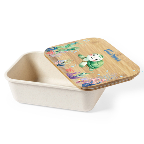Snack box with personalised bamboo lid and aquatic design