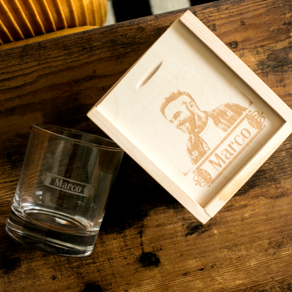 Whisky glass with first name and photo box