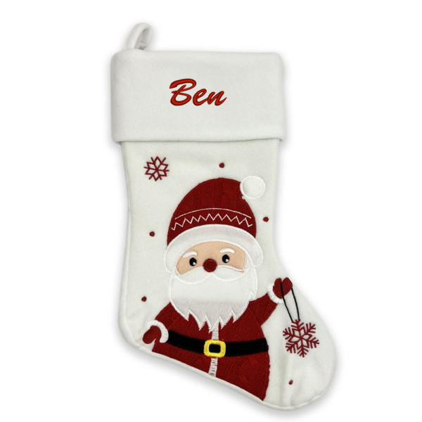 White Christmas stocking embroidered with a name