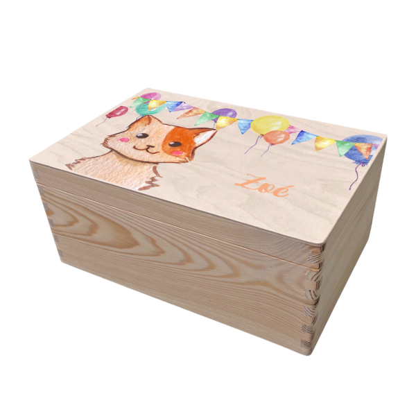 Wooden storage box with balloons and animals