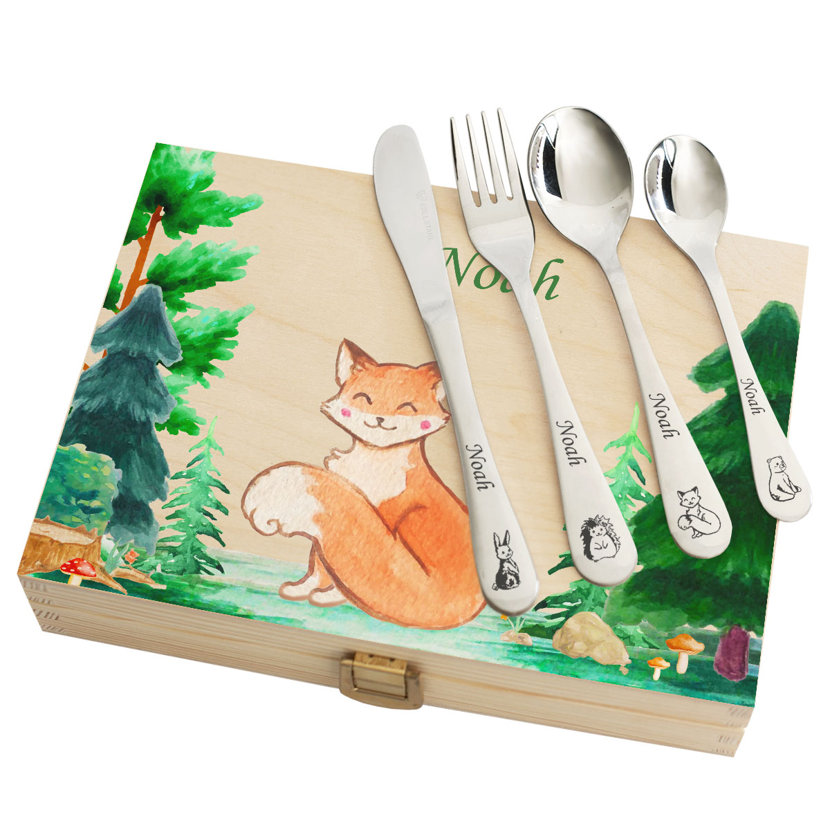 Personalised cutlery set with printed wooden box forest
